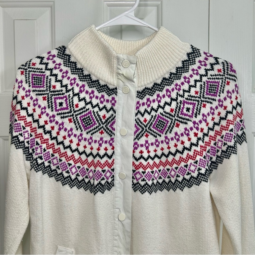 Talbots Thermolite Sweater Jacket Modern Fair Isle Snap Front Cardigan Sz Small - Picture 3 of 16